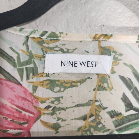 Nine West Sheer Kimono Cardigan Tropical Print Pom-Pom Cover-Up Drawstring O/S - Picture 2 of 11